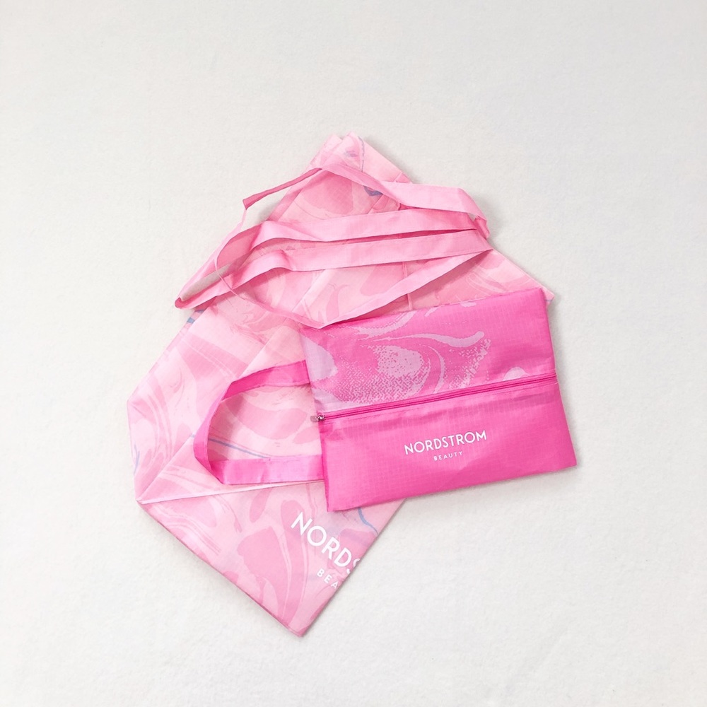 3/30 Nordstrom Large Lightweight Pink Blue Non Woven Tote Bag Zip Pouch 2 in 1